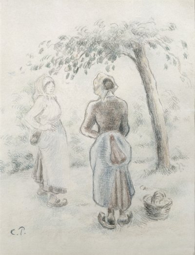 リンゴの木の下の女c。 1896（紙に色鉛筆） 作： Camille Jacob Pissarro